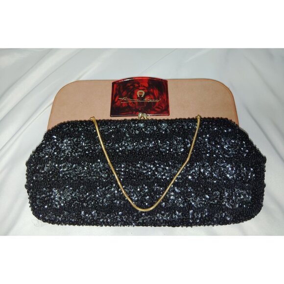 Vintage Black Sequin Clutch With Gold Chain & Mirror Made in British Hong Kong - Picture 1 of 9